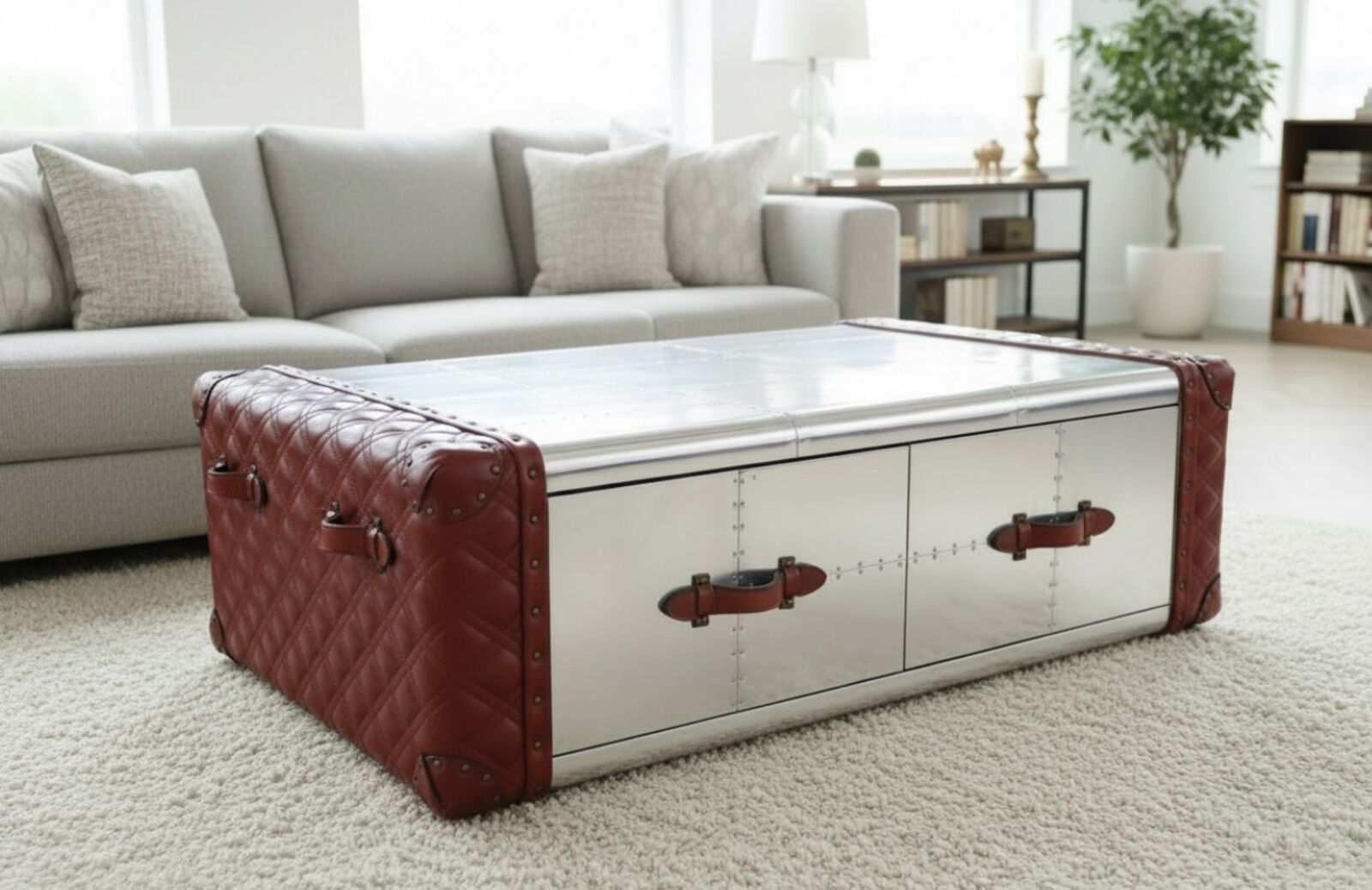 Aviation-Inspired Red Leather Trunk Coffee Table with Storage Drawers