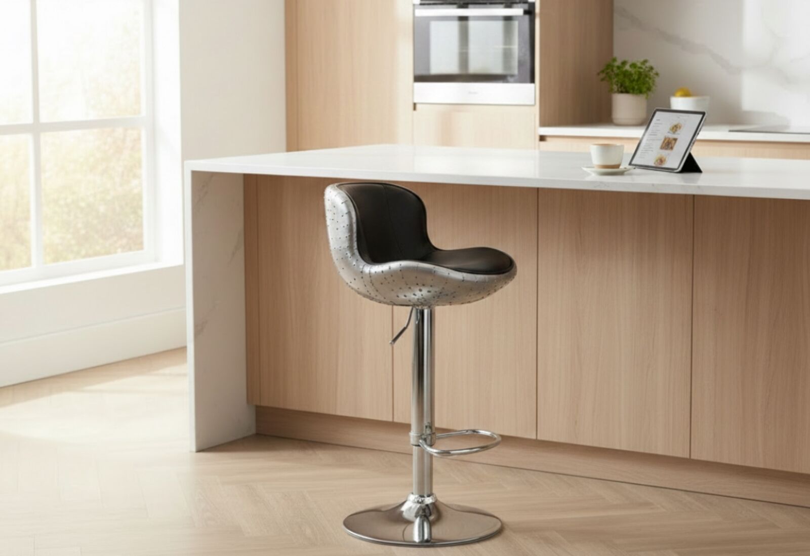 Aviator Adjustable Swivel Breakfast Bar Stool Tobacco Brown Leather & Aluminium Finish