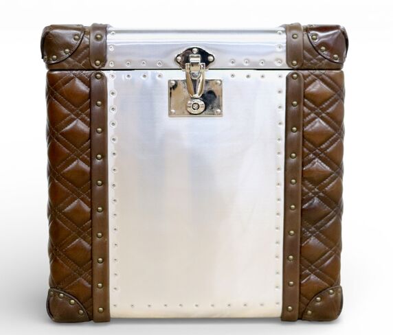 Aviator Aluminium Quilted Brown Leather Storage Trunk Large
