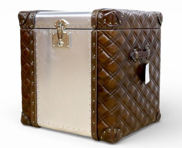 Aviator Aluminium Quilted Brown Leather Storage Trunk Large