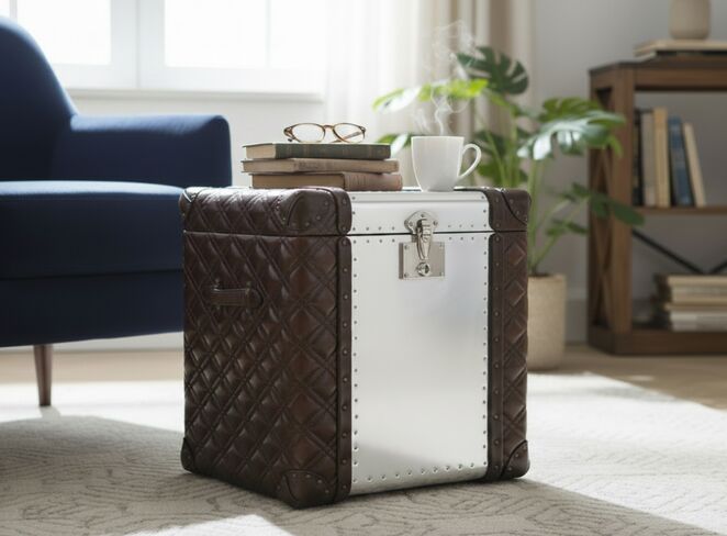 Aviator Aluminium Quilted Brown Leather Storage Trunk Large