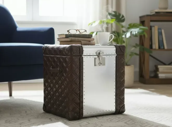 Aviator Aluminium Quilted Brown Leather Storage Trunk Large