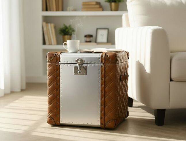 Aviator Aluminium Quilted Tan Leather Storage Trunk Large