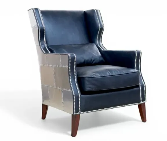 Aviator Black Leather Accent Chair – Industrial Luxury Armchair with Aluminum Panels