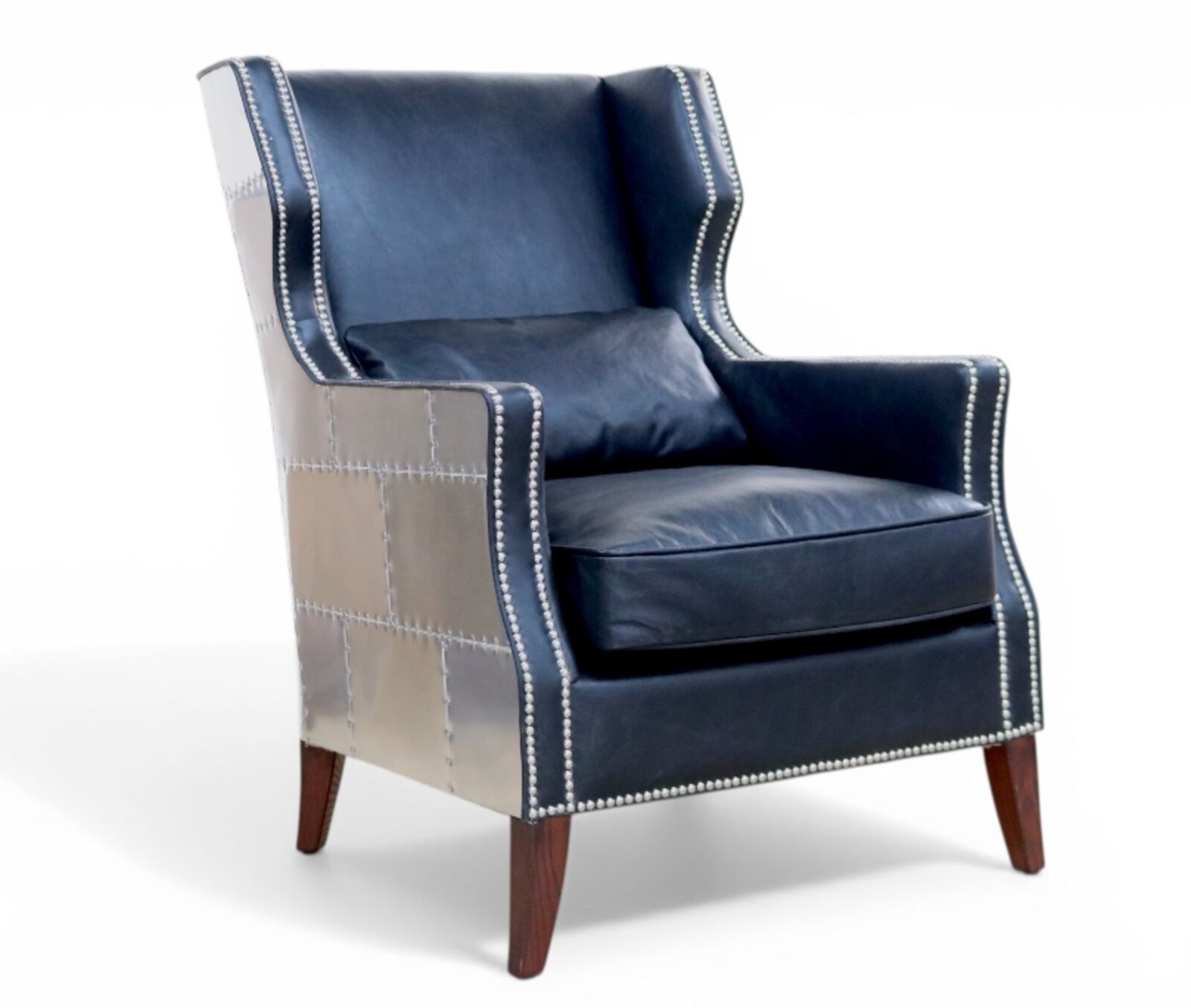 Aviator Black Leather Accent Chair Industrial Luxury Armchair with Aluminum Panels