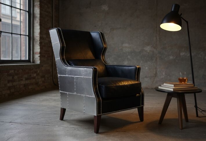 Aviator Black Leather Accent Chair – Industrial Luxury Armchair with Aluminum Panels