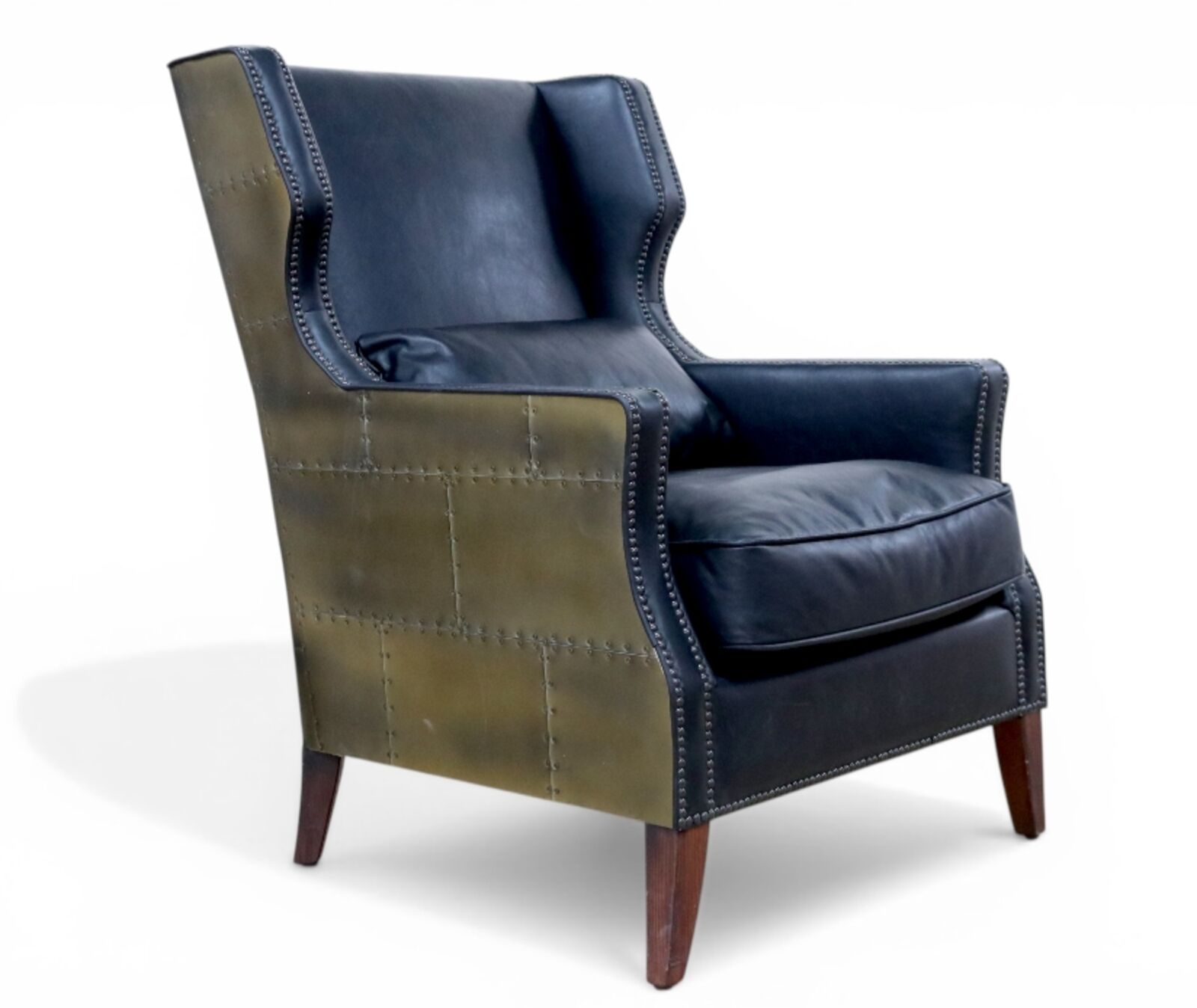 Aviator Black Leather Accent Chair Industrial Luxury Armchair with Antique Brass Aluminum Panels