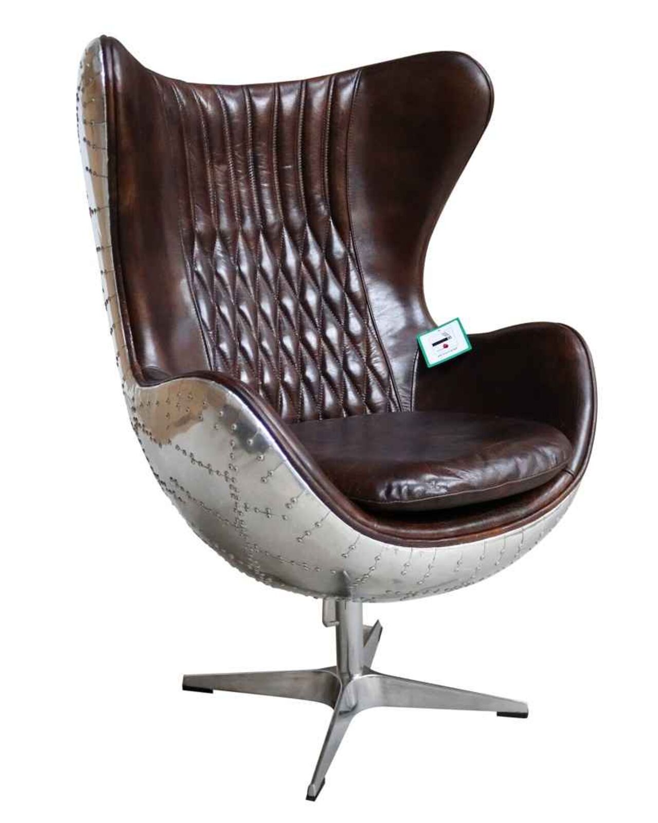 Product photograph of Aviator Swivel Egg Aluminium Distressed Vintage Brown Tobacco Real Leather Armchair from Designer Sofas 4U