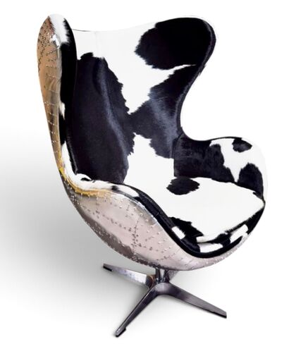Aviator Egg Chair Cow Hair on Hide Leather Swivel Armchair
