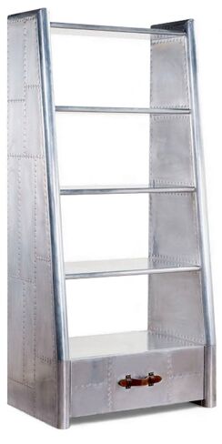 Aviator Industrial Aluminium Bookshelf with Drawer Vintage Aircraft Design, Modern Loft Storage Display