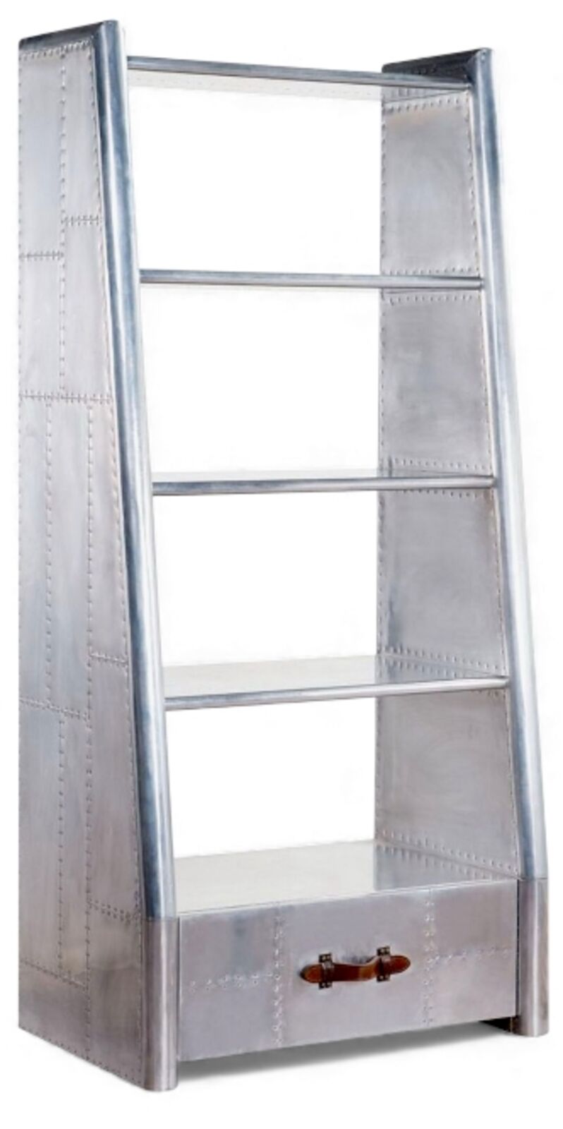 Aviator Industrial Aluminium Bookshelf with Drawer Vintage Aircraft Design, Modern Loft Storage Display