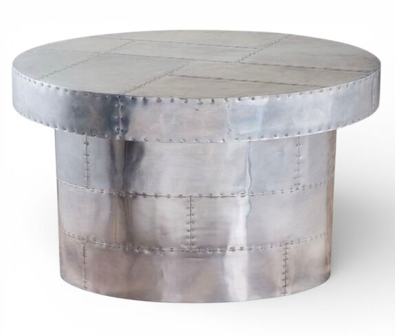 Aviator Industrial Metal Drum Coffee Table – Round Aluminium Accent Table, Modern Loft Style