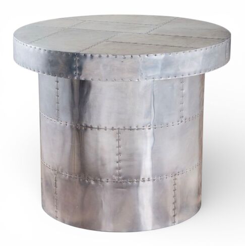 Aviator Industrial Metal Drum Table – Round Aluminum Accent Table, Modern Loft Style