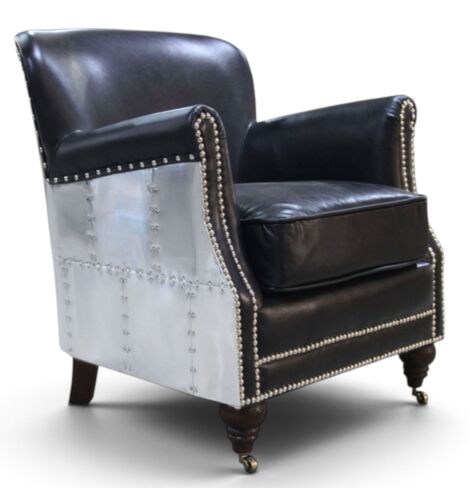 Aviator Leather & Aluminium Armchair – Industrial Vintage Style – Studded Chair