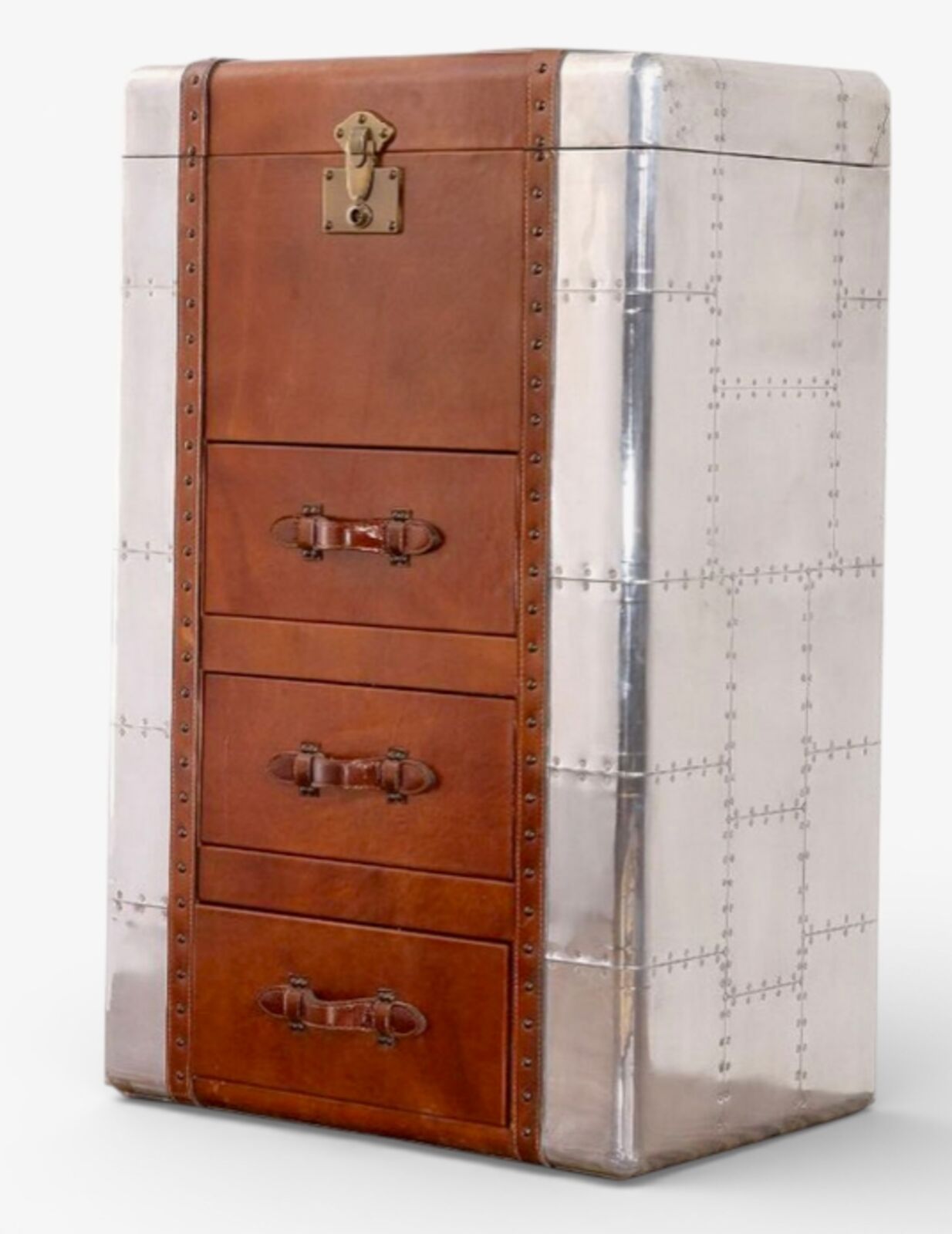 Aviator Leather & Aluminium Cabinet Industrial Steampunk Trunk Dresser with Drawers
