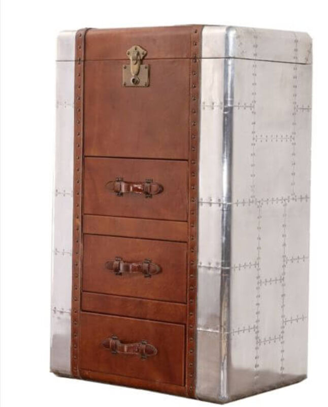 Product photograph of Aviator Metal Amp Leather Trunk With Storage Drawers from Designer Sofas 4U