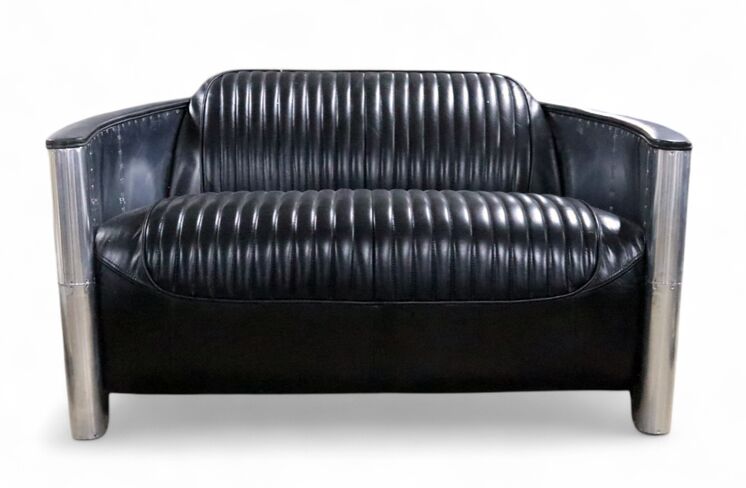 Aviator Pilot 2 Seater Man Cave Sofa Vintage Black Distressed Real Leather