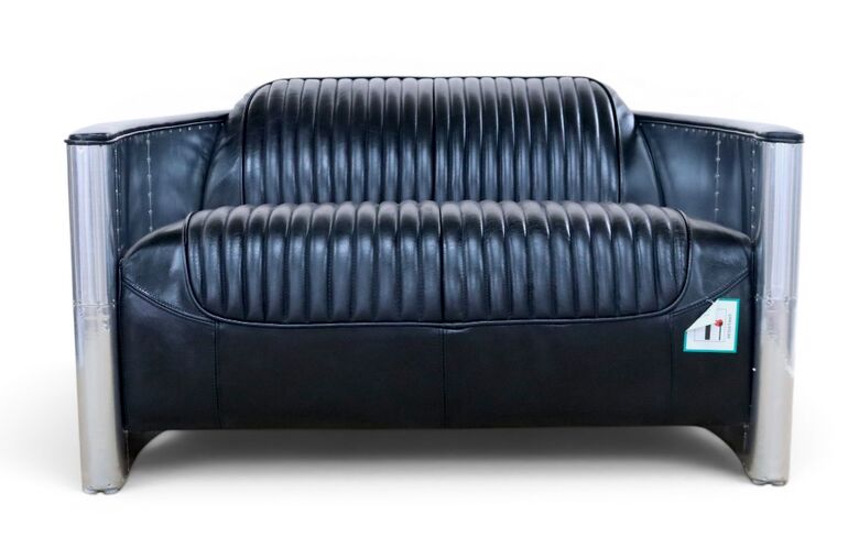 Aviator Pilot 2 Seater Man Cave Sofa Vintage Black Distressed Real Leather