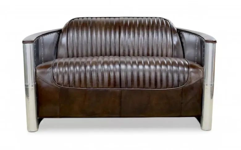 Aviator Pilot 2 Seater Man Cave Sofa Vintage Brown Distressed Real Leather