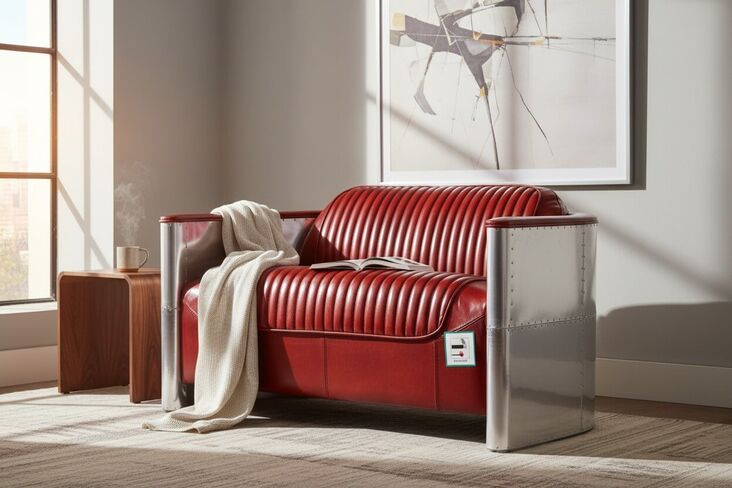 Aviator Pilot 2 Seater Man Cave Sofa Vintage Rouge Red Distressed Real Leather
