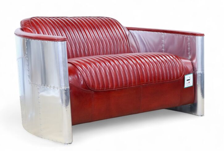 Aviator Pilot 2 Seater Man Cave Sofa Vintage Rouge Red Distressed Real Leather