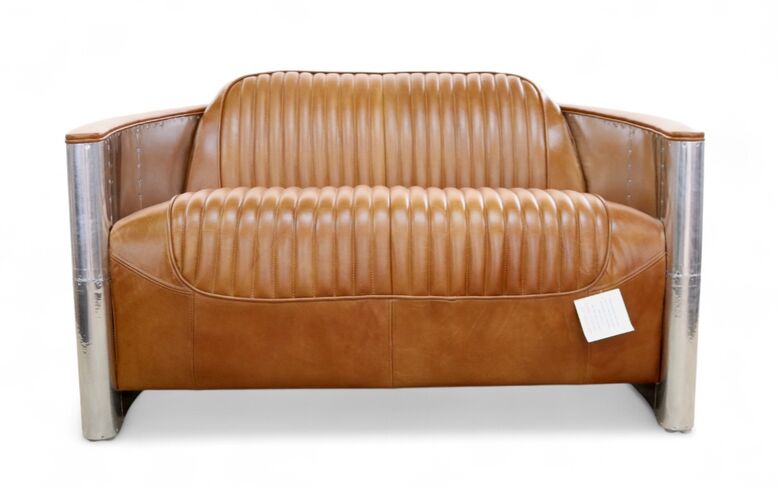 Aviator Pilot 2 Seater Man Cave Sofa Vintage Tan Distressed Real Leather