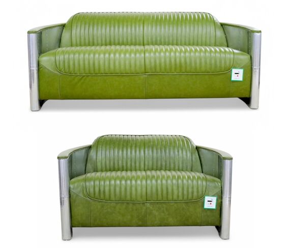 Aviator Pilot 3+2 Seater Vintage Olive Green Leather Sofa Suite
