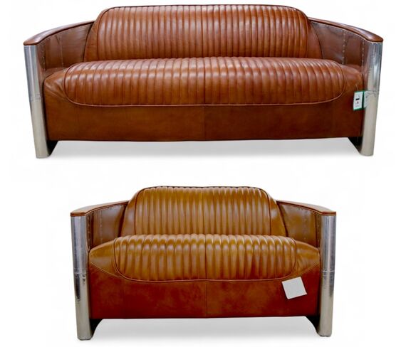 Aviator Pilot 3+2 Seater Vintage Tan Distressed Leather Sofa Suite