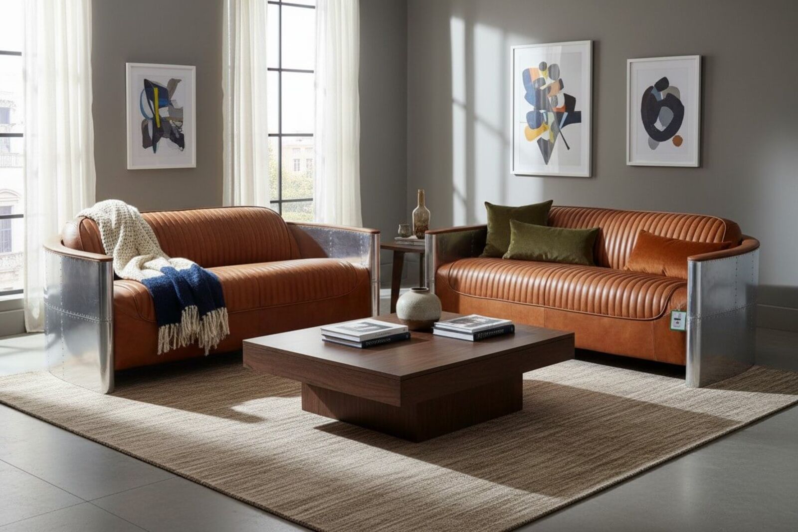 Aviator Pilot 3+2 Seater Vintage Tan Distressed Leather Sofa Suite