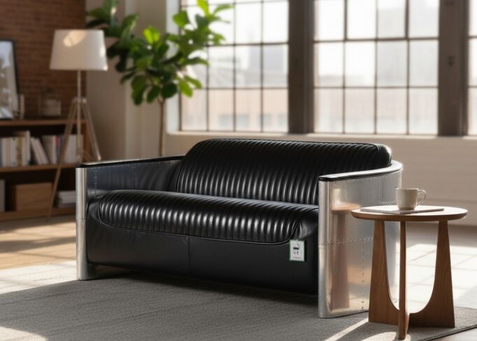 Aviator Pilot 3 Seater Man Cave Sofa Vintage Black Distressed Real Leather