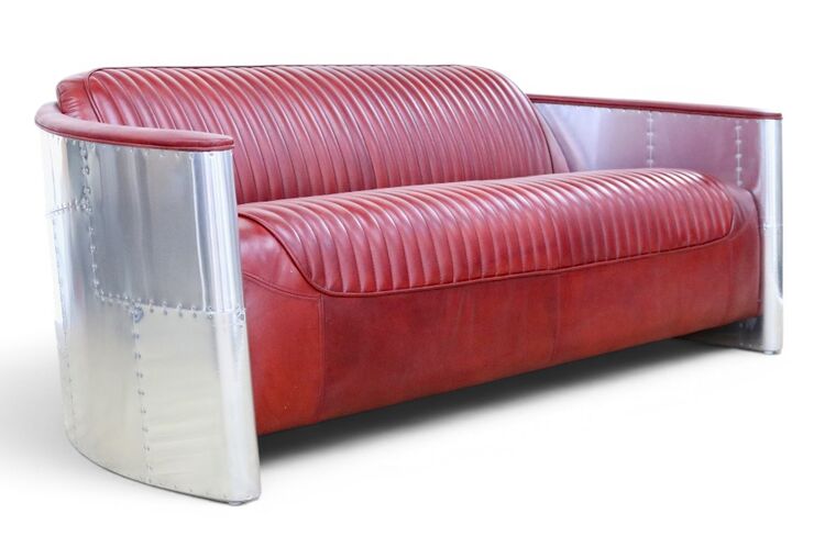 Aviator Pilot 3 Seater Man Cave Sofa Vintage Rouge Red Distressed Real Leather