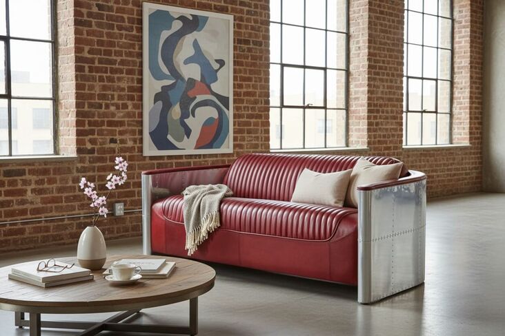 Aviator Pilot 3 Seater Man Cave Sofa Vintage Rouge Red Distressed Real Leather