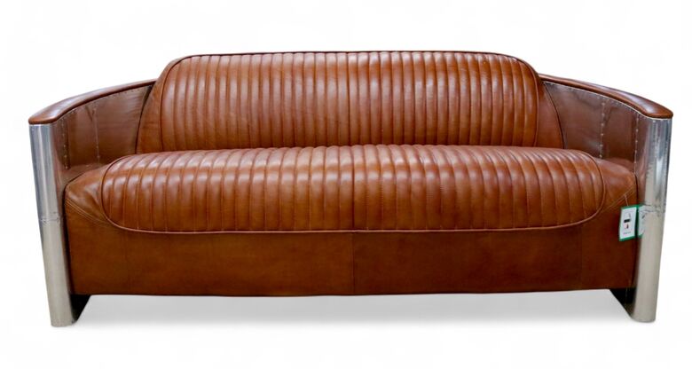 Aviator Pilot 3 Seater Man Cave Sofa Vintage Tan Distressed Real Leather
