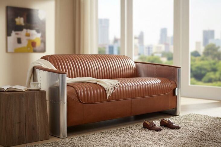 Aviator Pilot 3 Seater Man Cave Sofa Vintage Tan Distressed Real Leather