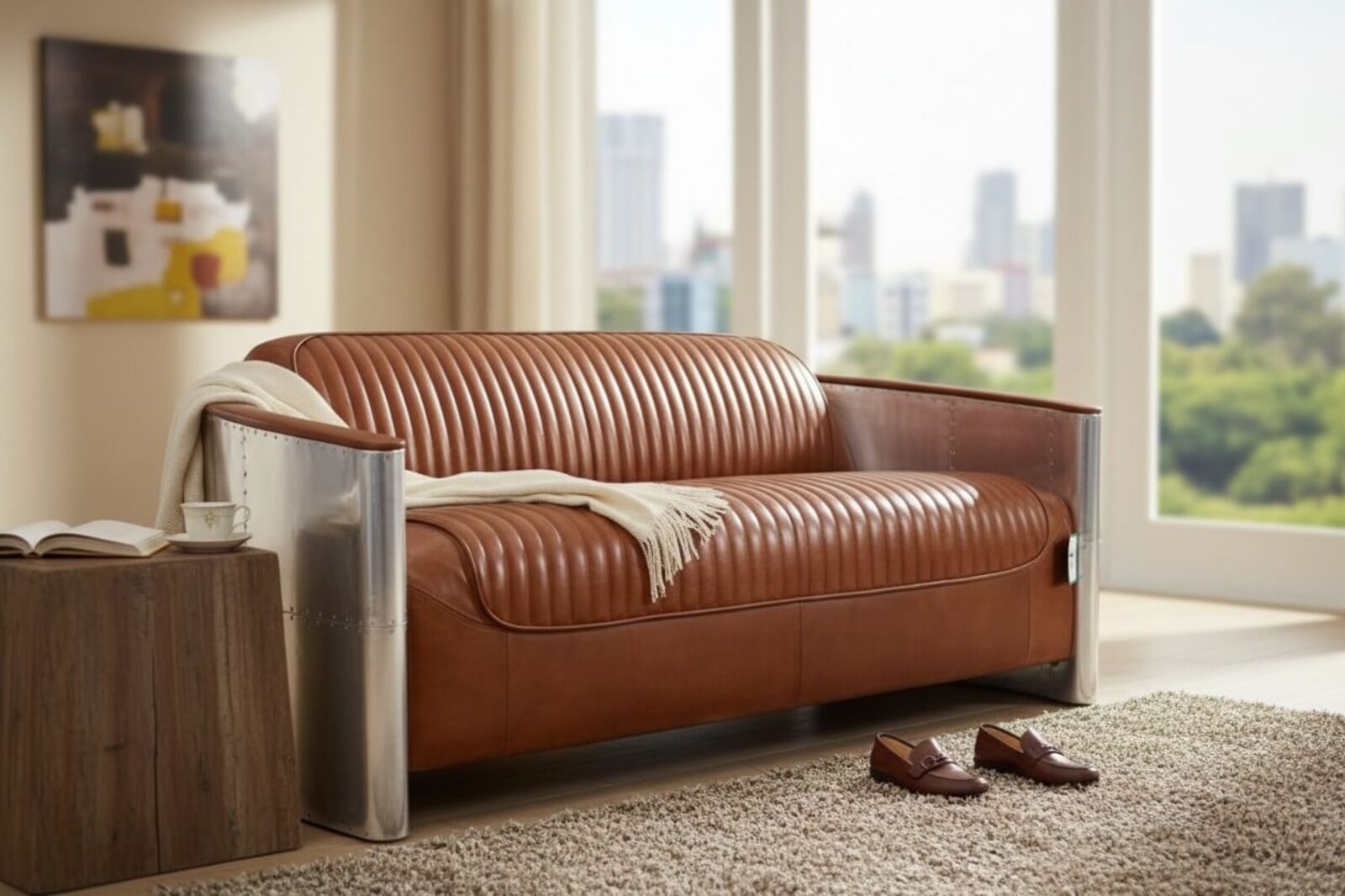 Aviator Pilot 3 Seater Man Cave Sofa Vintage Tan Distressed Real Leather