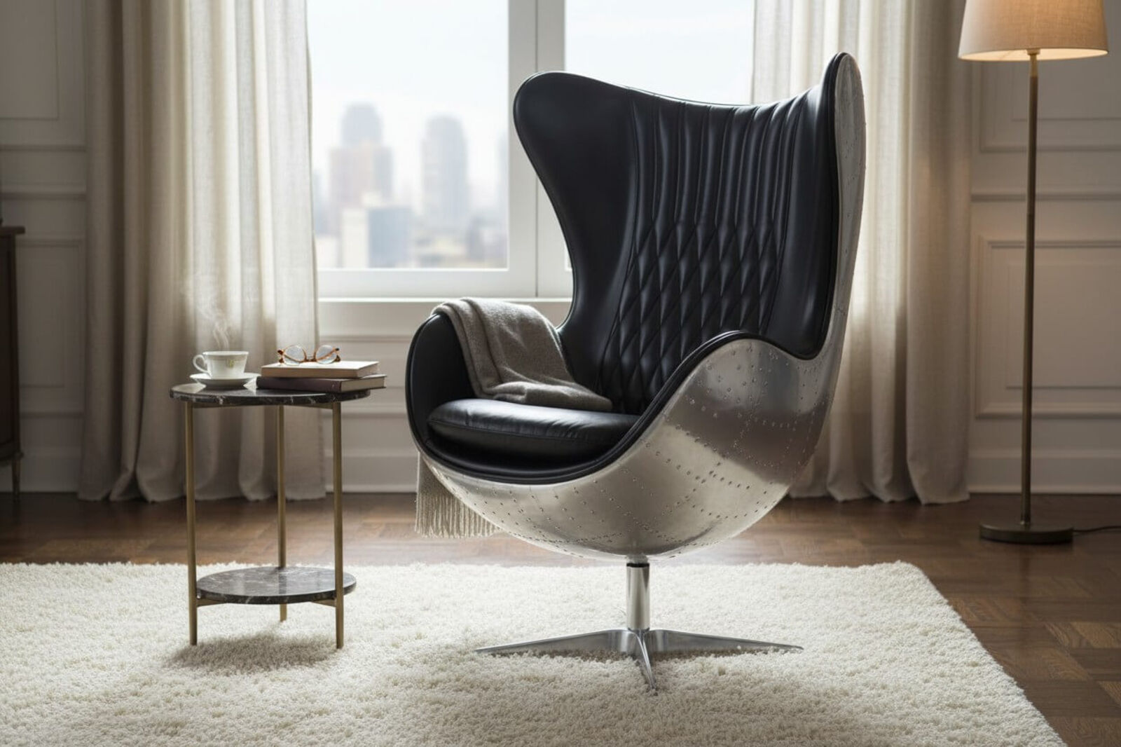 Aviator Retro Swivel Egg Aluminium Black Distressed Real Leather Armchair