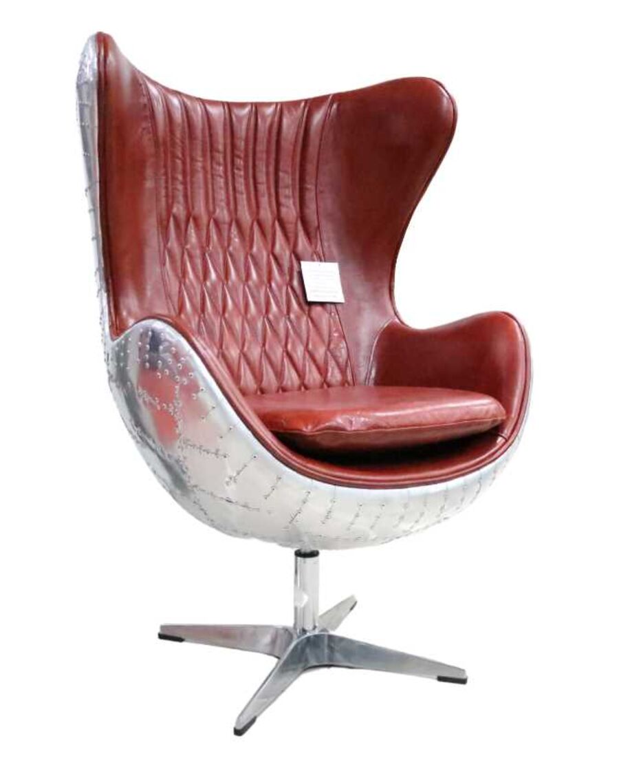 Aviator Swivel Egg Aluminium Distressed, Red Leather Arm Chair