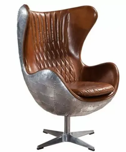 Aviator Retro Swivel Egg Aluminium Distressed Real Leather Armchair