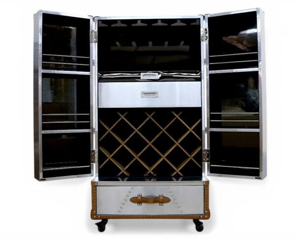 Aviator Rolling Bar Cabinet Wine & Spirits Storage Trunk