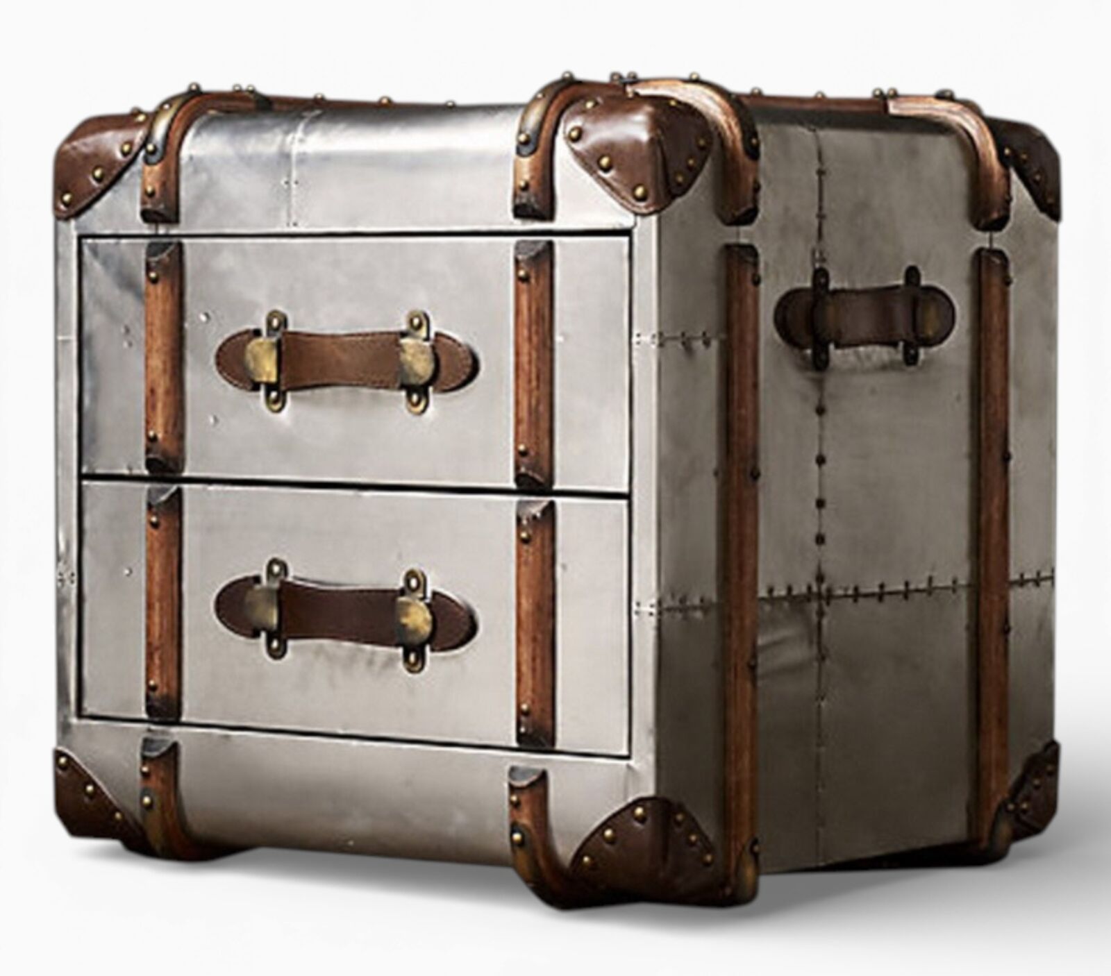 Aviator Side Table Steamer Trunk with Leather Straps & Metal Hardware Antique Travel Chest