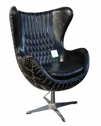 Vintage Aviation Style Aviator Stealth Swivel Egg Armchair in Distressed Black Real Leather