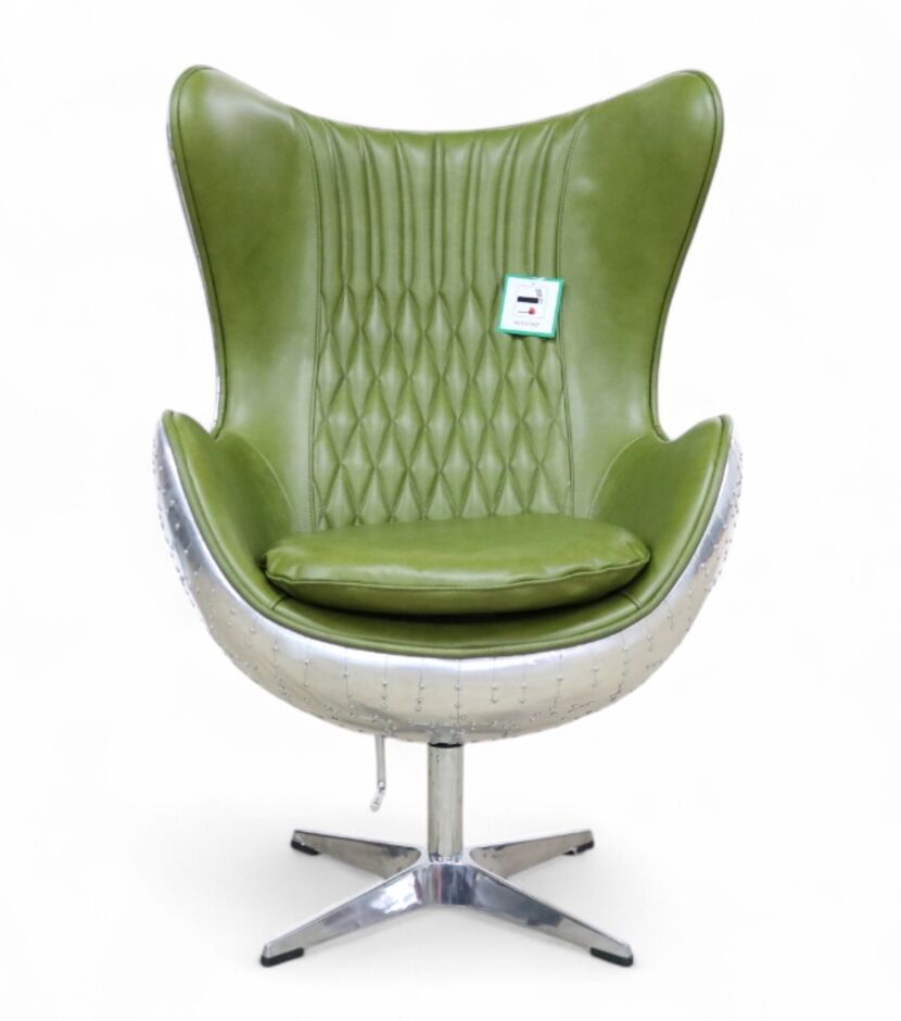 Aviator Swivel Egg Aluminium Olive Green Leather Armchair