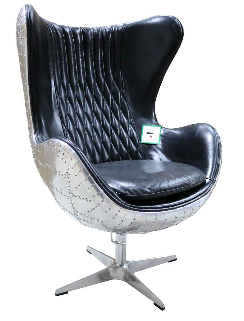 aviator retro swivel egg aluminium black distressed leather armchair
