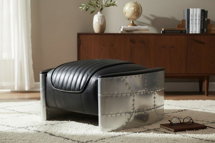 Aviator Vintage Black Distressed Leather Footstool Pouffe