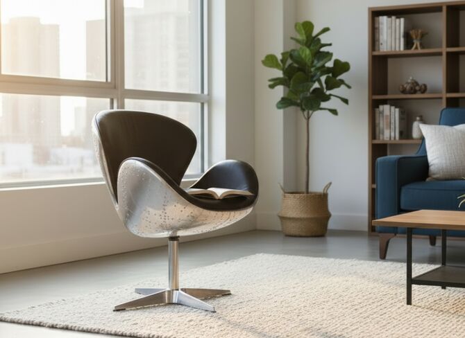 Aviator Vintage Black Distressed Leather Swan Chair