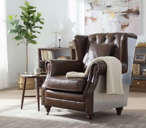 Aviator Vintage Brown Distressed Leather High Back Man Cave Chair