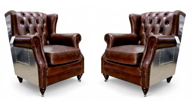 2 x Aviator Vintage Brown Distressed Leather High Back Man Cave Chair