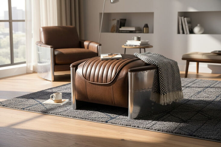 Aviator Vintage Distressed Brown Leather Footstool Pouffe Man Cave