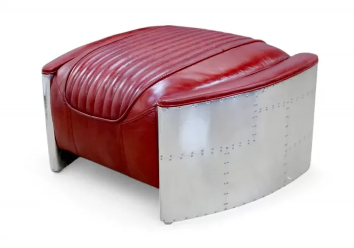 Aviator Vintage Distressed Rouge Red Leather Footstool Pouffe Man Cave