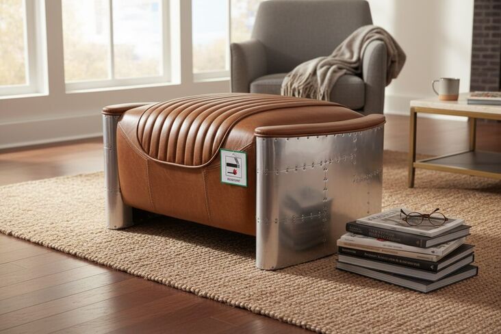 Aviator Vintage Distressed Tan Leather Footstool Pouffe Man Cave